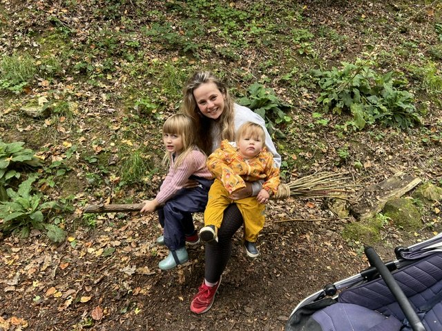 Mummy with Cara and Eliza on a woodland walk